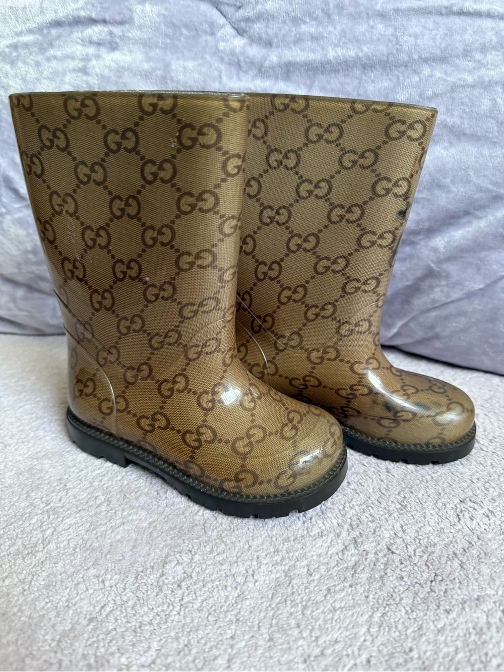 Authentic Gucci Brown GG Monogram Glossy Rain Boots